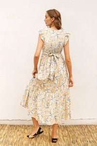 Daisy Blue Shirred V Neck Dress