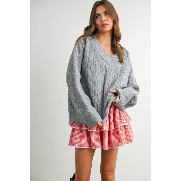 V-Neck Cable Knit Sweater