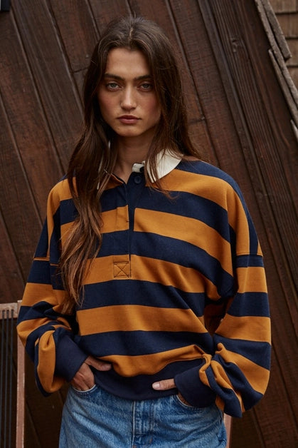Cotton Striped Half Button Up Top