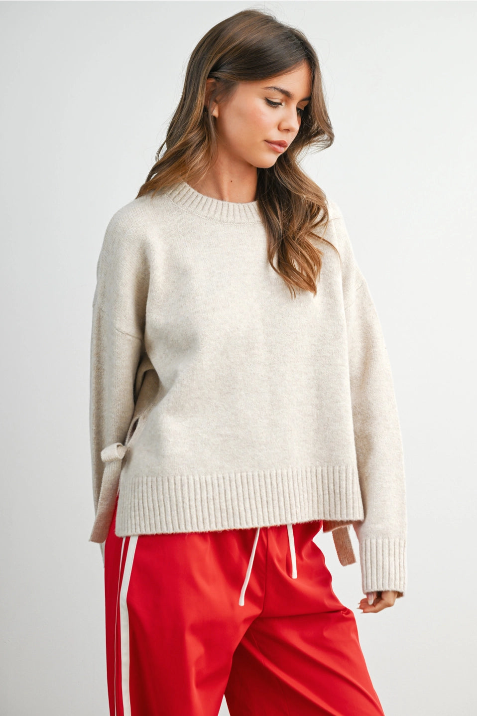 Tie Split-Hem Crewneck Sweater