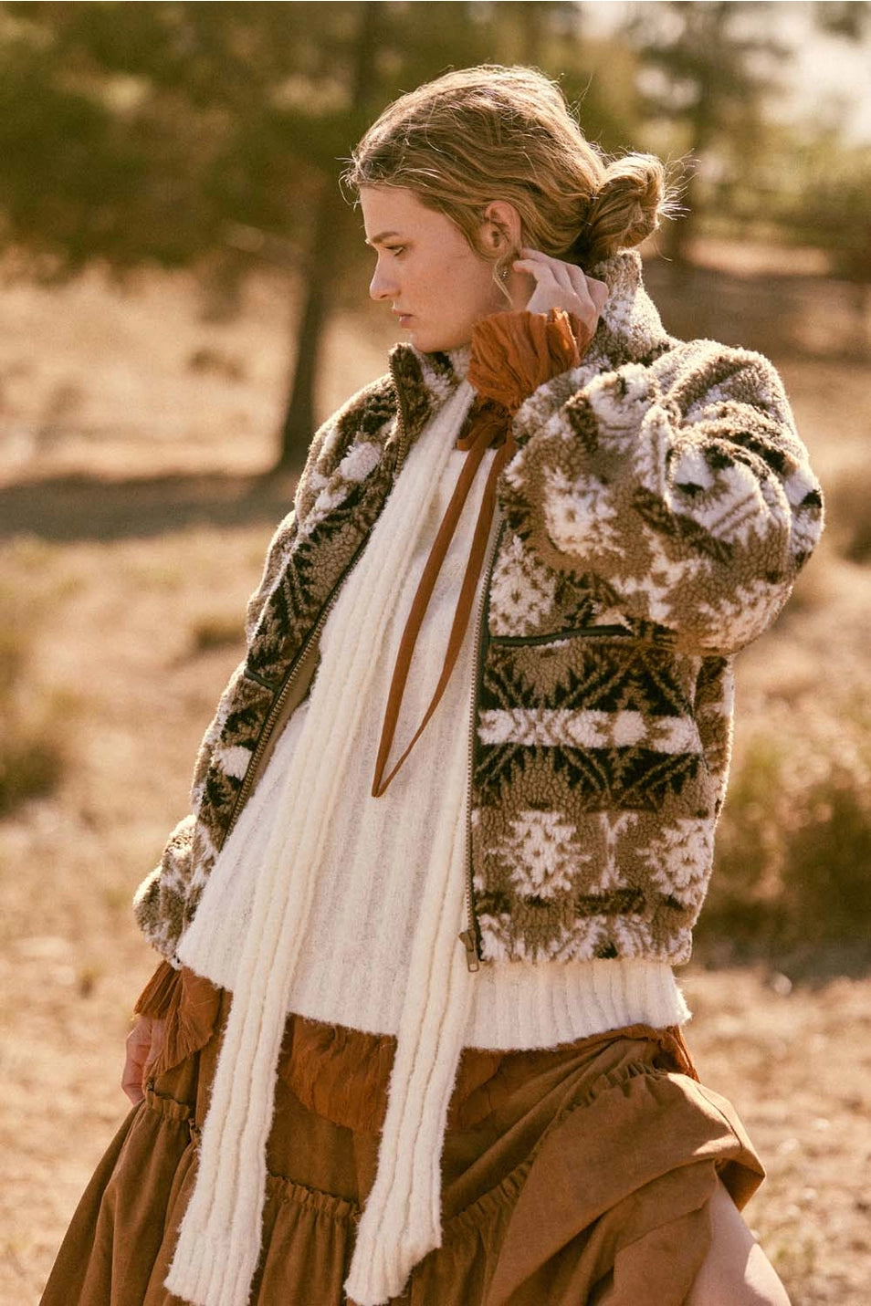 Geometric Print Sherpa Zip Up Jacket