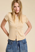 Ribbed Button Down Top with Scalloped Trim