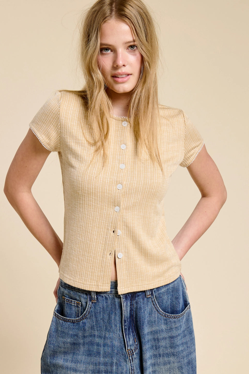 Ribbed Button Down Top with Scalloped Trim