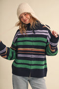 Striped Mock Neck Zip Up Cardigan