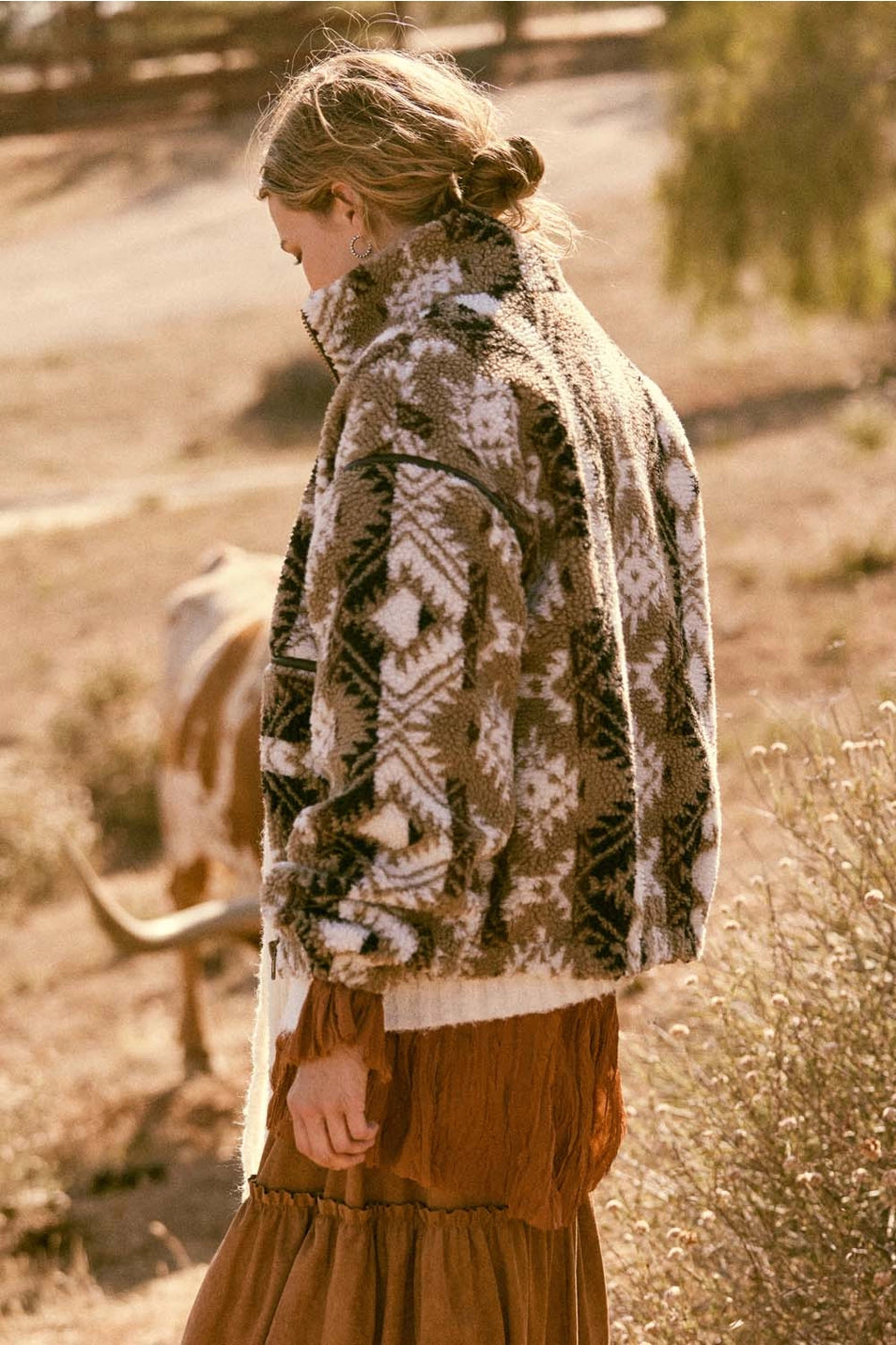 Geometric Print Sherpa Zip Up Jacket