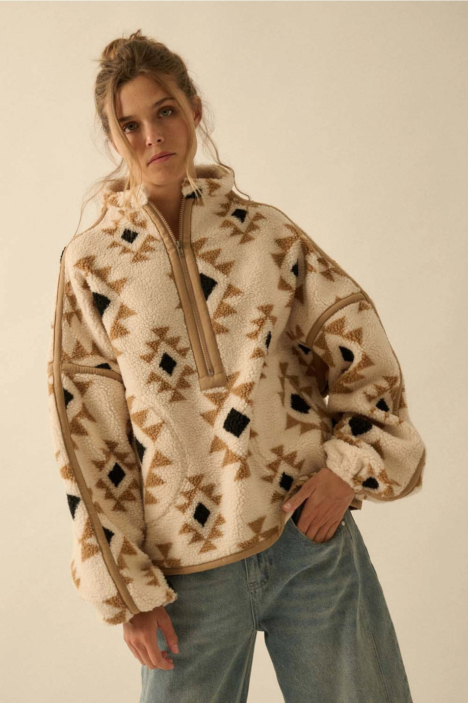 Geometric Print Sherpa Half Zip Pullover