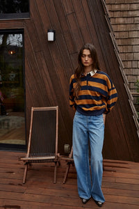 Cotton Striped Half Button Up Top