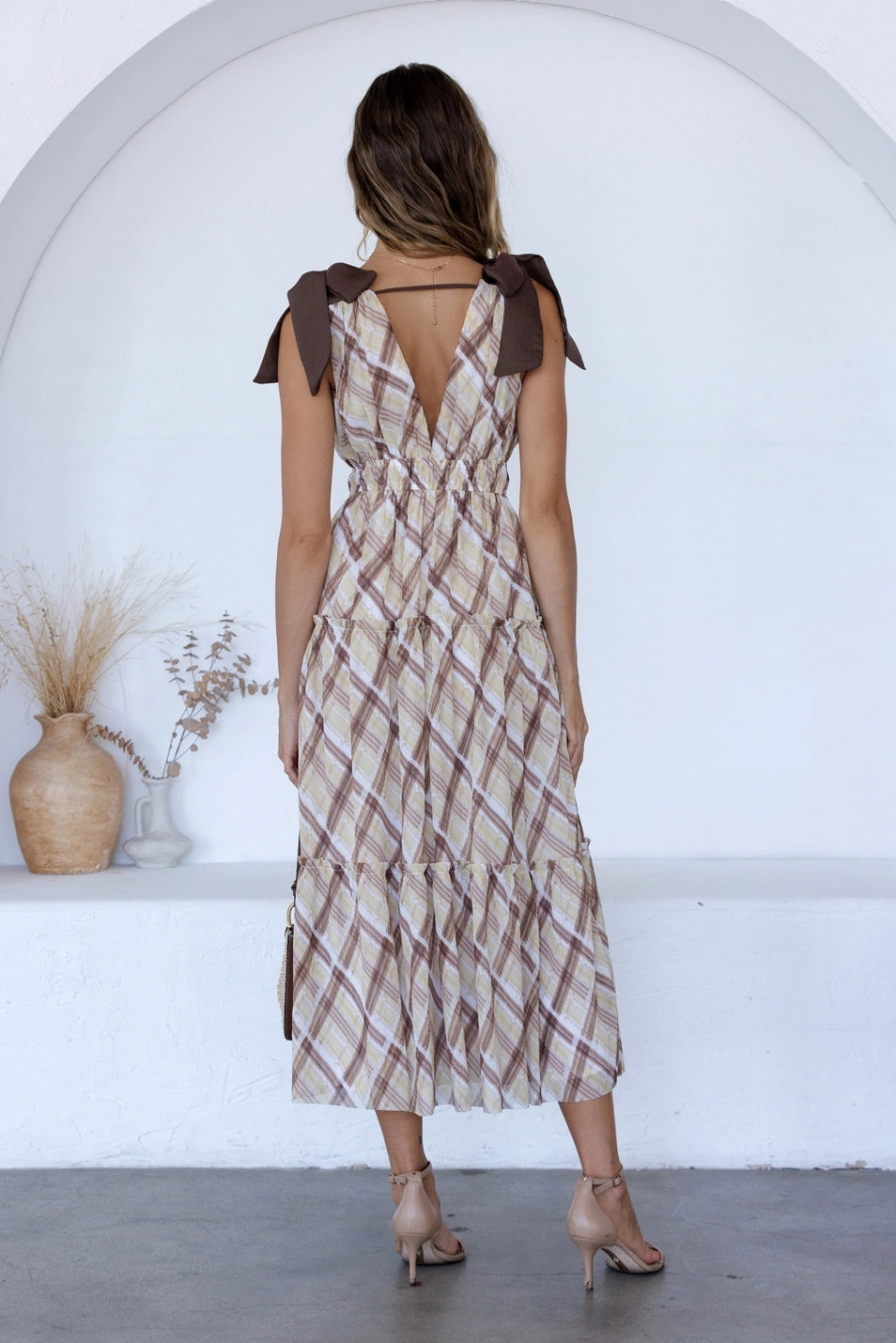 Brown Plaid Bow Shoulder Dress