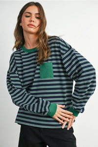 Navy Green Striped Crew Neck