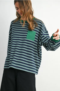 Navy Green Striped Crew Neck