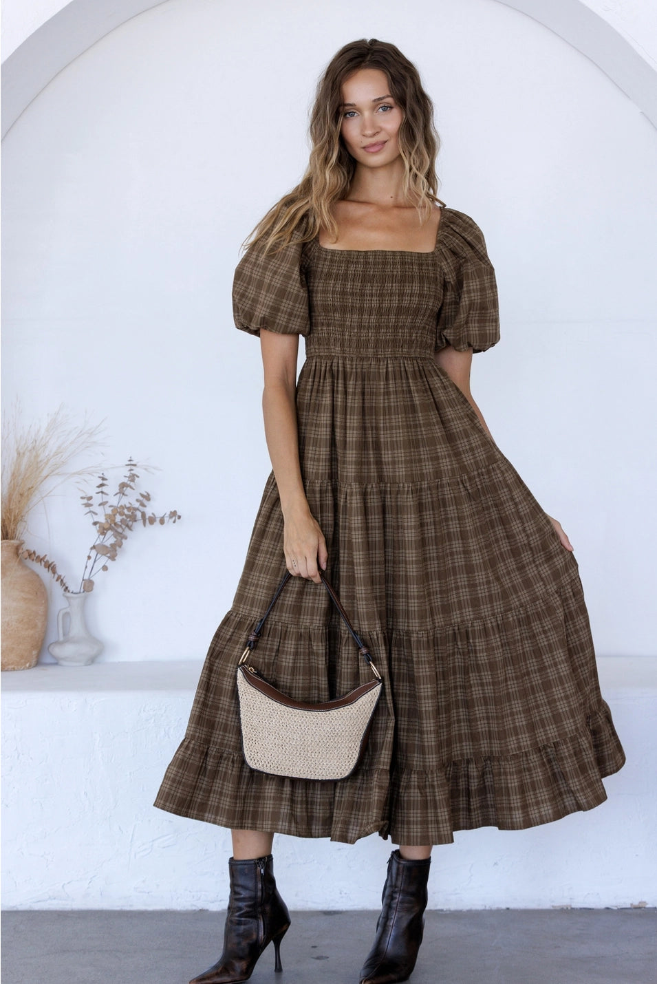 Brown Plaid Bow Shoulder Dress