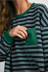 Navy Green Striped Crew Neck