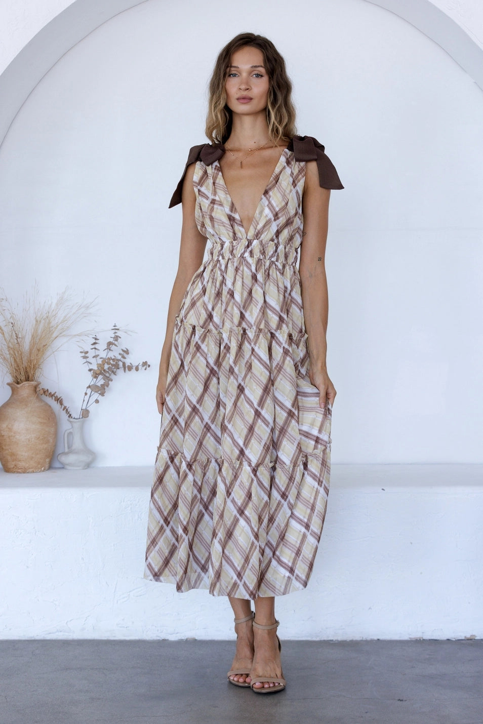 Brown Plaid Bow Shoulder Dress