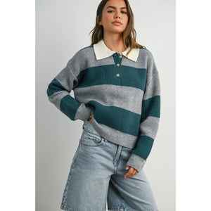 Buttoned Striped Collared Sweater