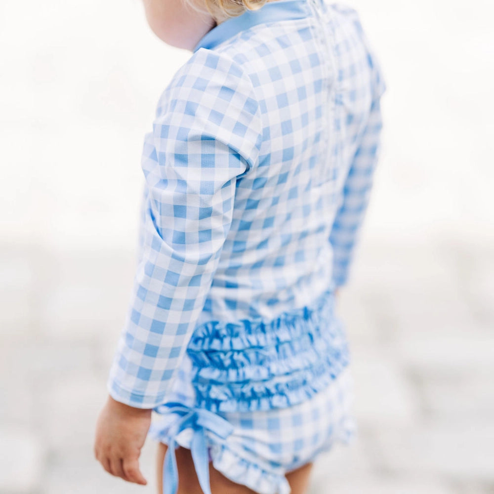 Girls Ruffle Swim Suit - Blue Gingham