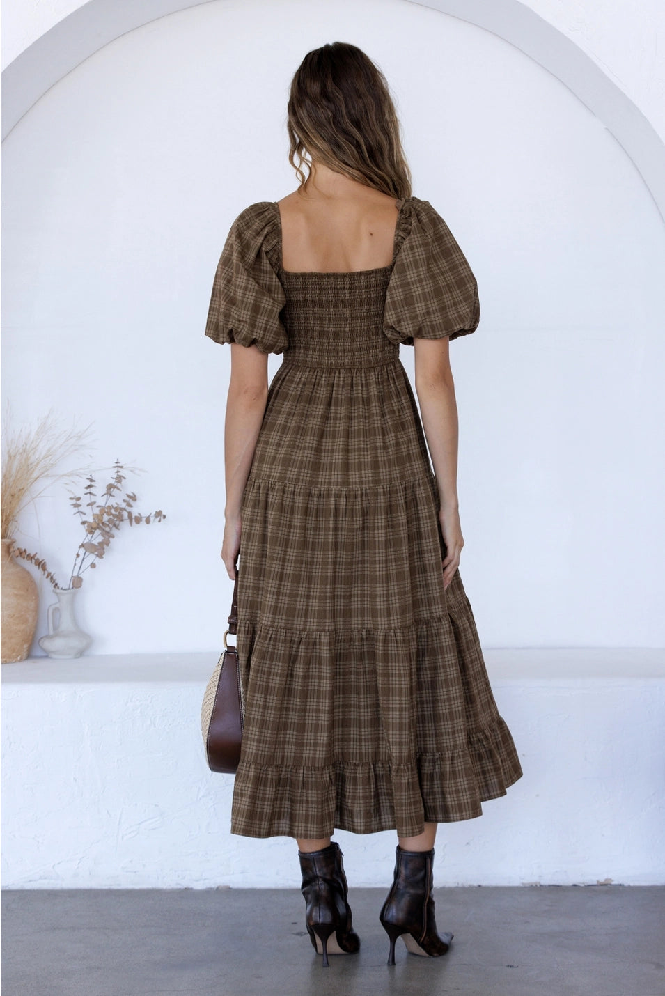 Brown Plaid Bow Shoulder Dress