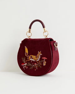 Fox & Mushroom Embroidered Burgundy Velvet Saddle Bag