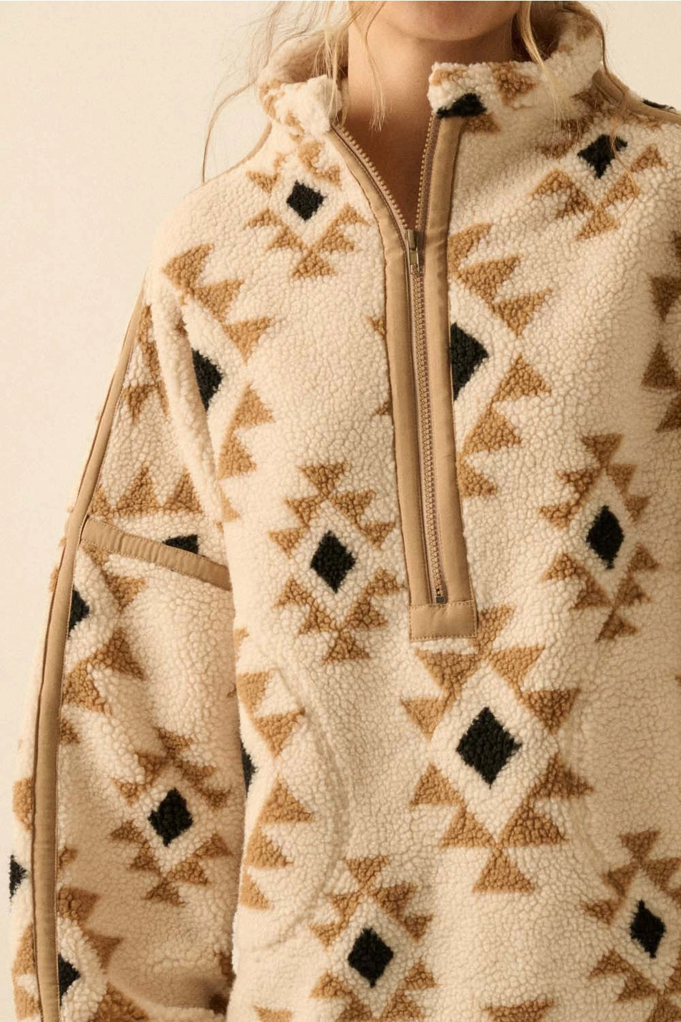 Geometric Print Sherpa Half Zip Pullover