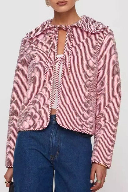 Bow Tie Front Striped Quilted Jacket