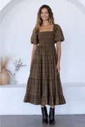 Brown Plaid Bow Shoulder Dress