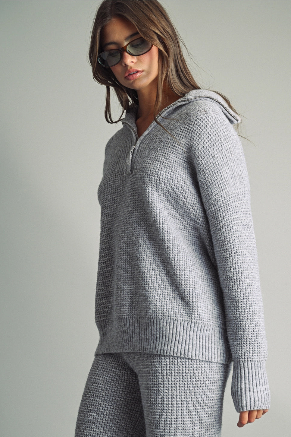 Waffle Pattern Half Zip Up Sweater