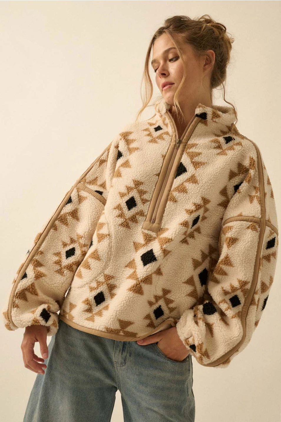 Geometric Print Sherpa Half Zip Pullover