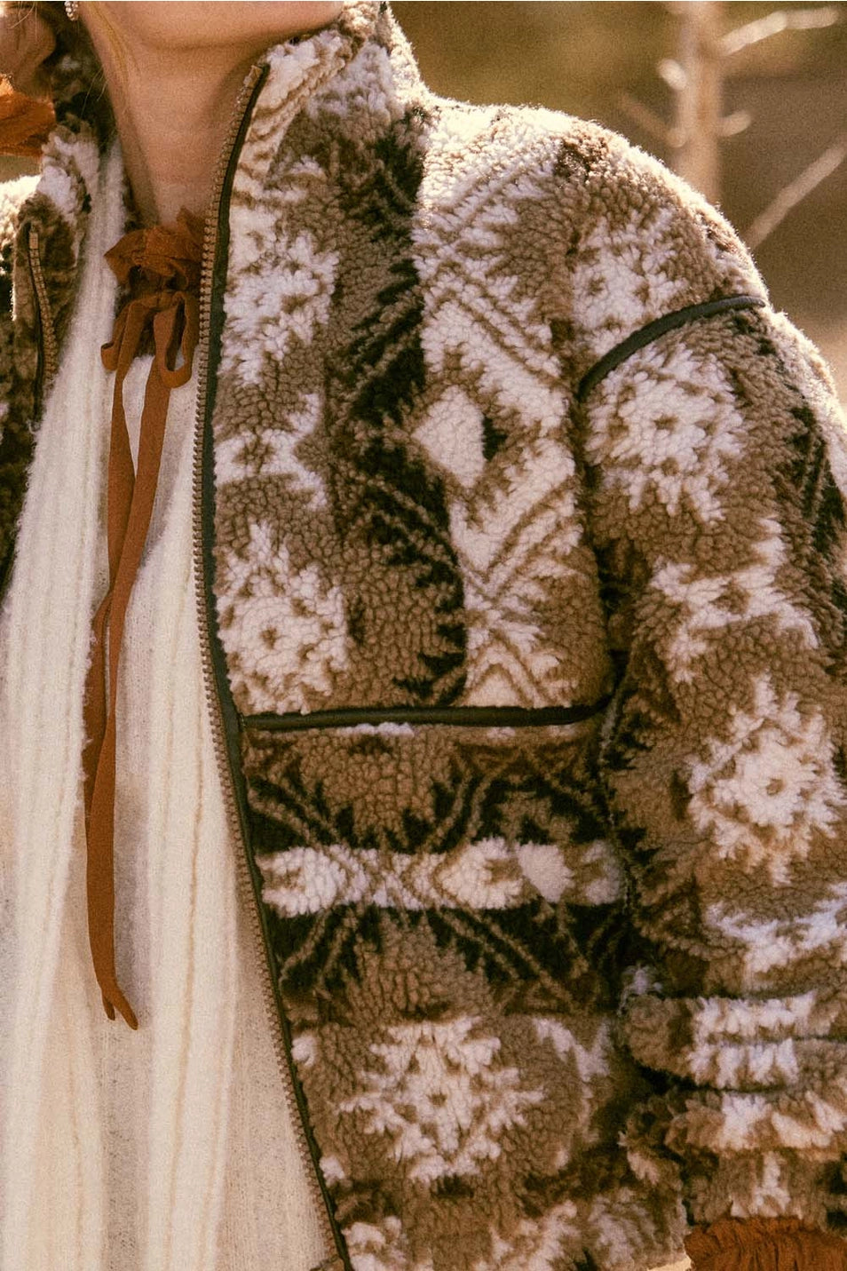 Geometric Print Sherpa Zip Up Jacket