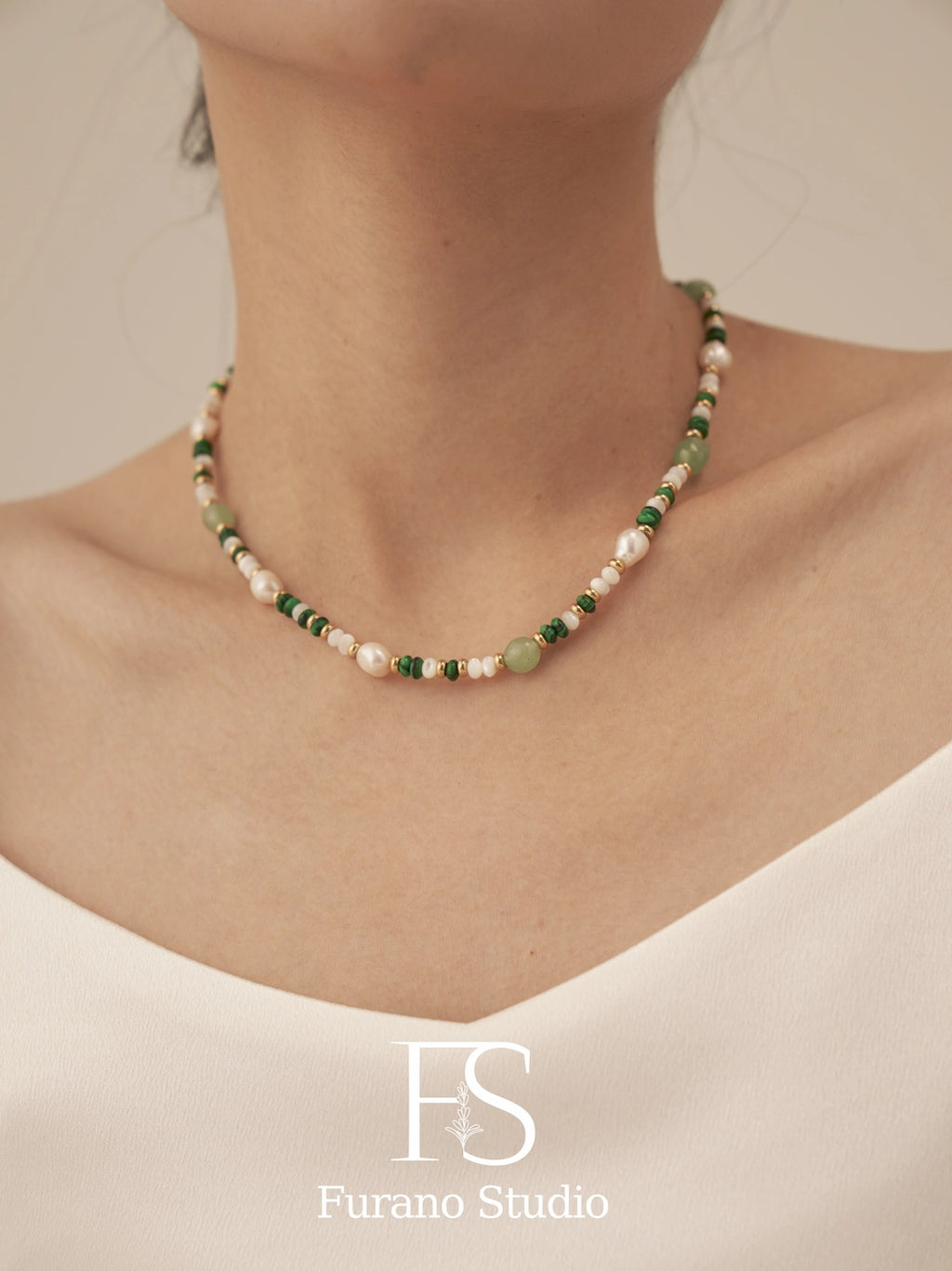 Pearl and Green Beaded Necklace