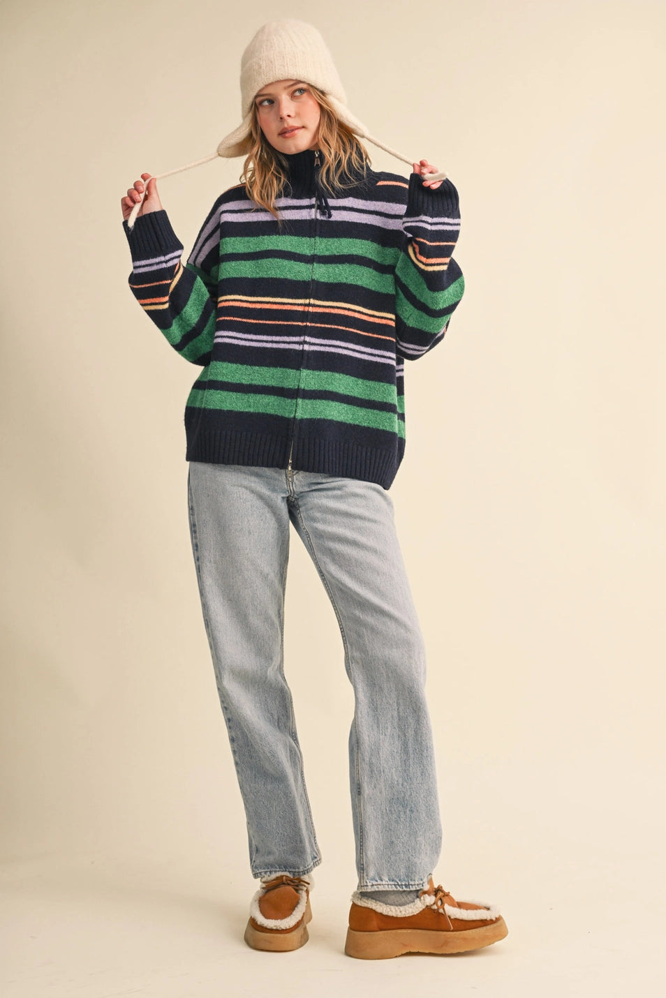 Striped Mock Neck Zip Up Cardigan
