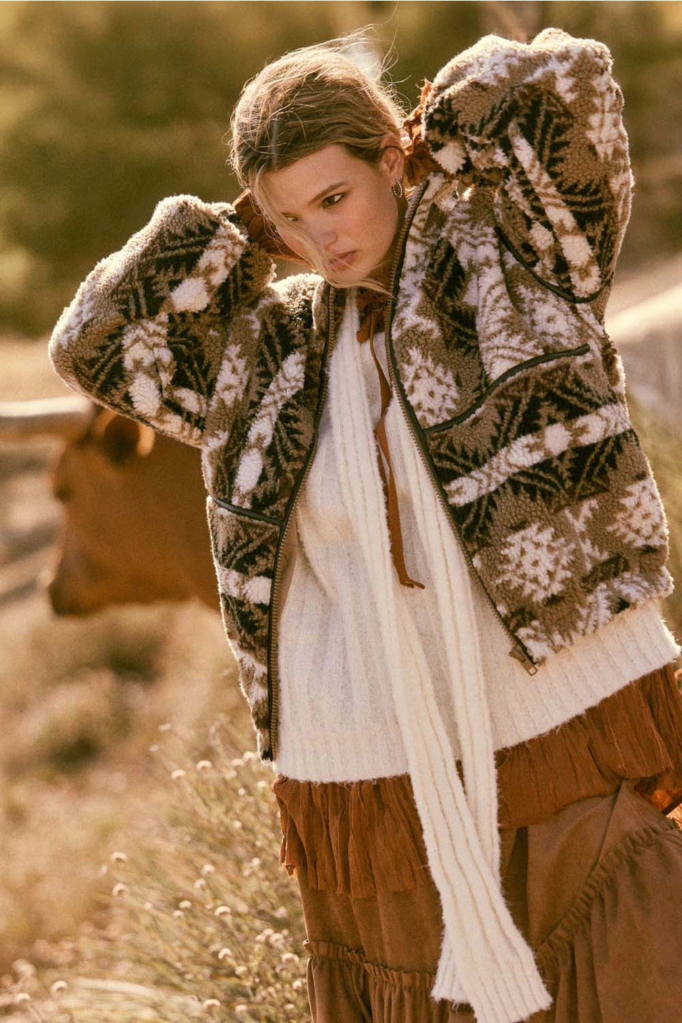 Geometric Print Sherpa Zip Up Jacket