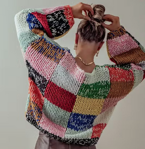 Relaxed Fit Multicolor Checkered Knit Sweater