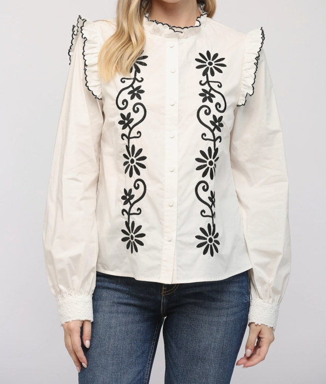 Embroidered Ruffle Trim Blouse