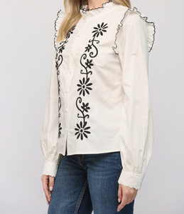 Embroidered Ruffle Trim Blouse