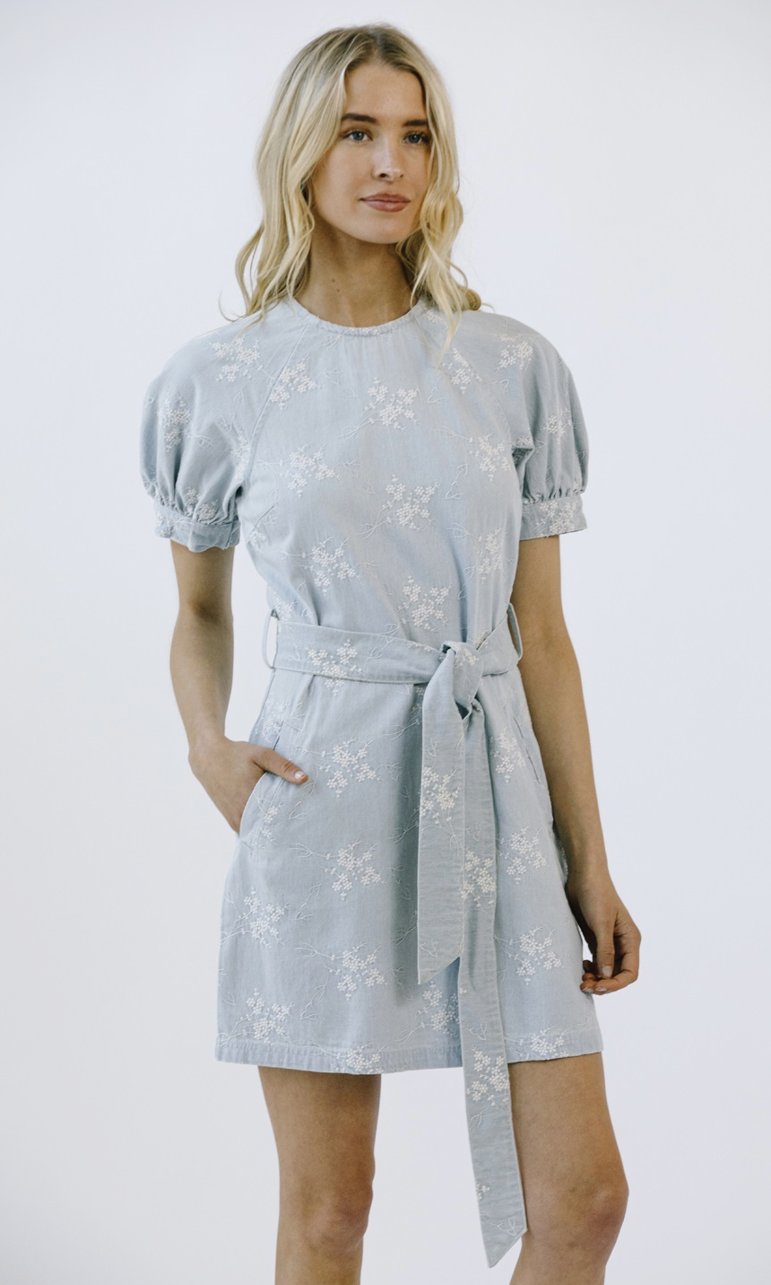 Embroidered Cherry Blossom Denim Dress