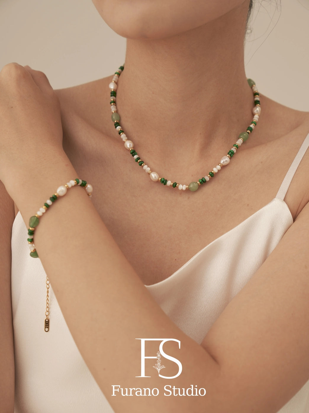 Pearl and Green Beaded Necklace