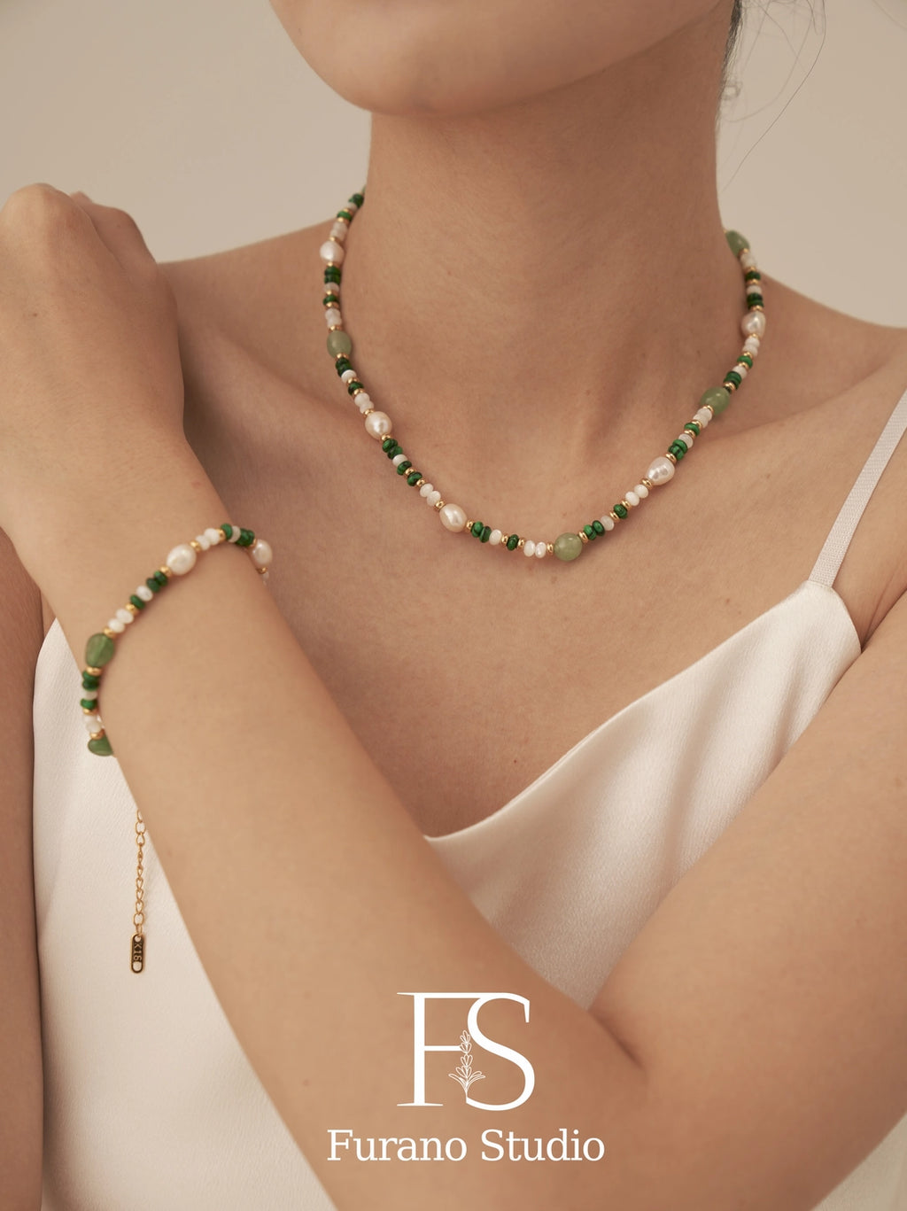 Pearl and Green Beaded Bracelet
