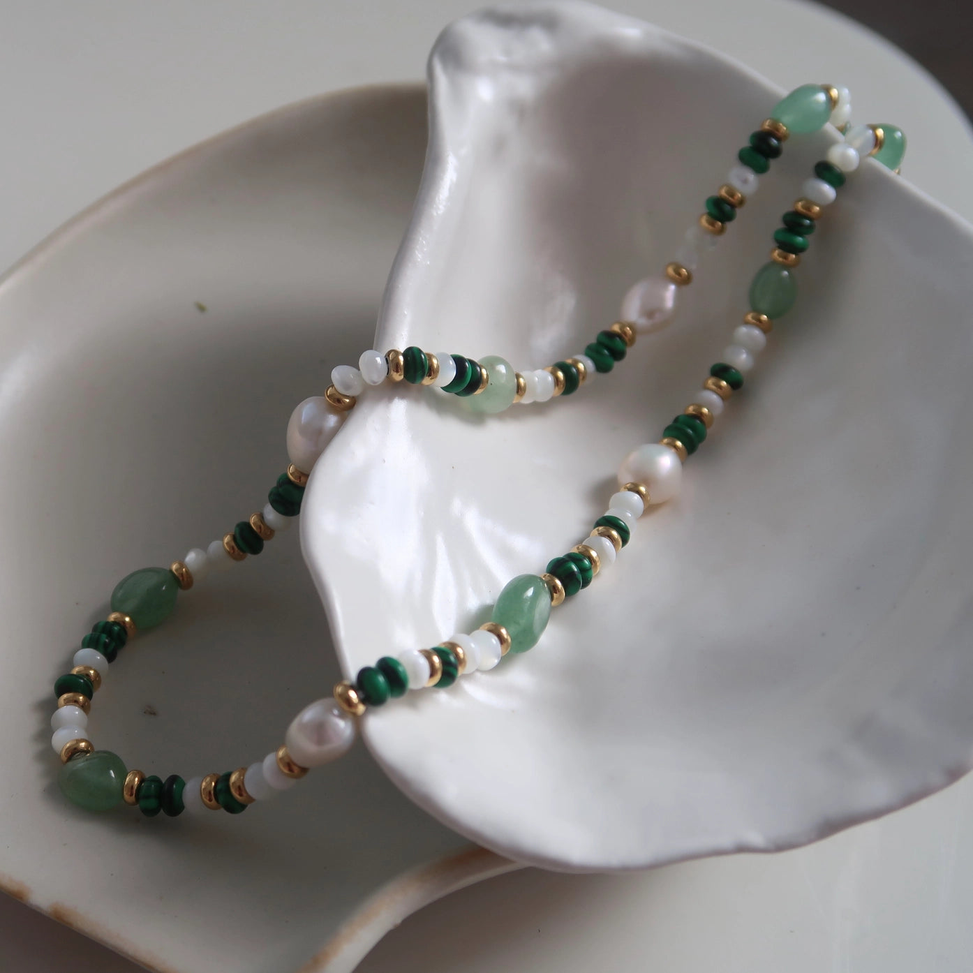 Pearl and Green Beaded Necklace