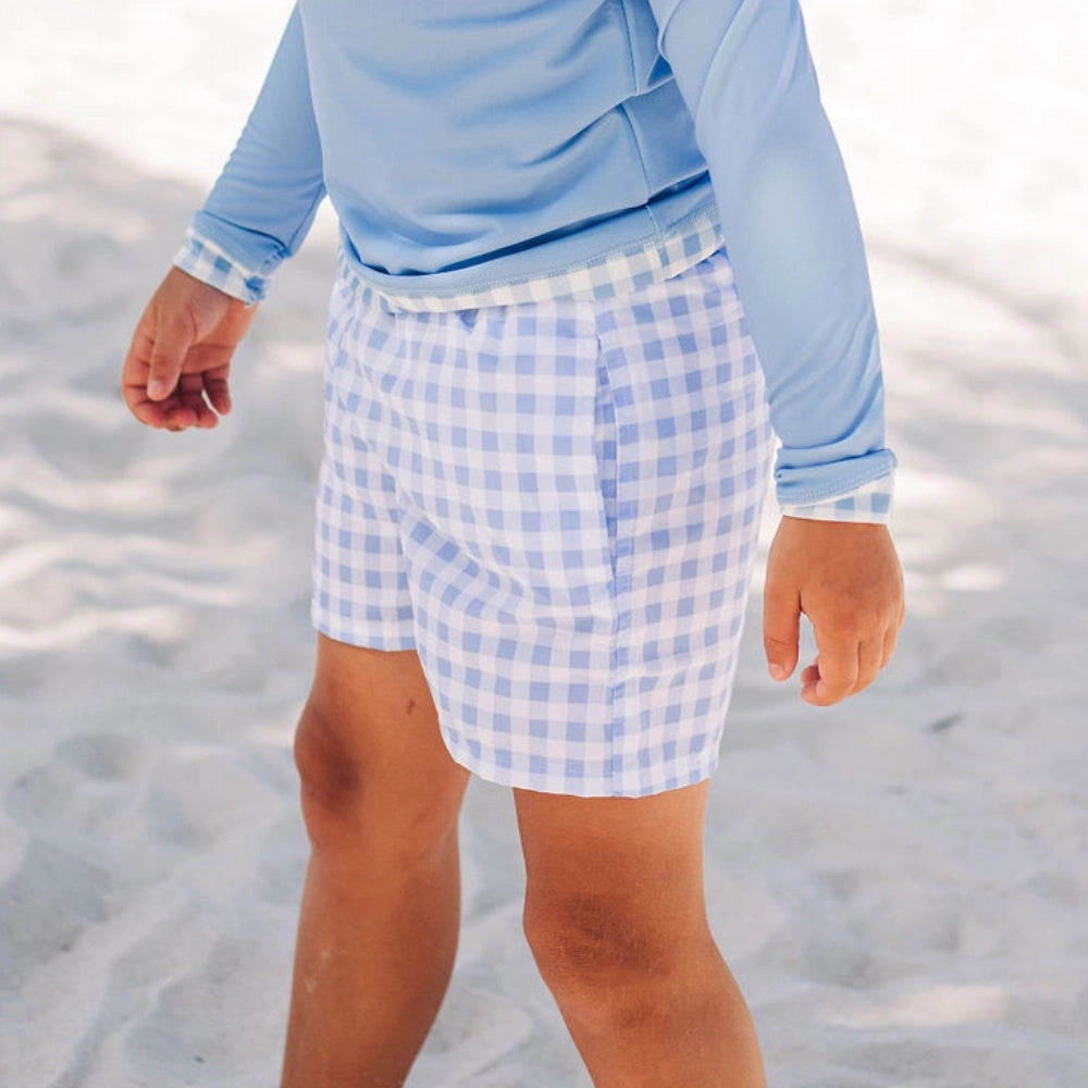Boys Blue Gingham Swim Shorts