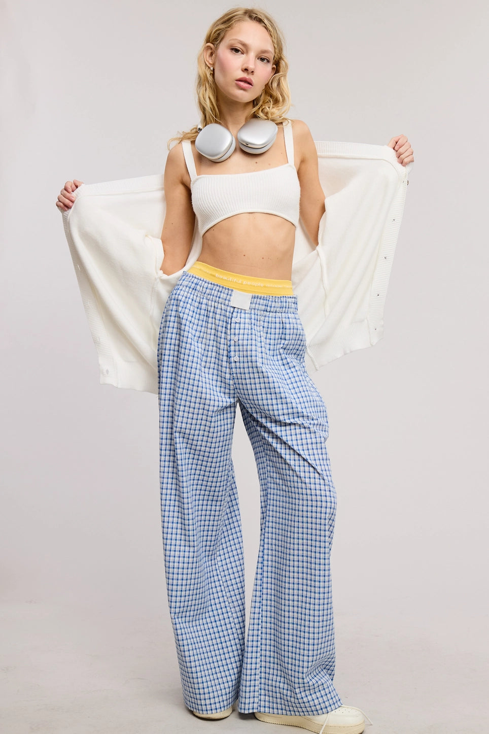 Mid Rise Gingham Pattern Pants