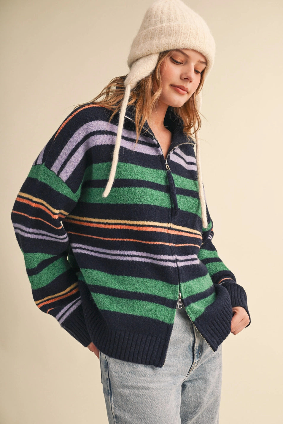Striped Mock Neck Zip Up Cardigan