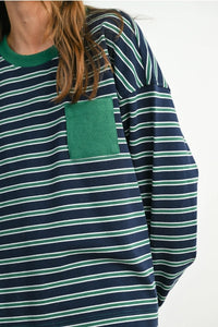 Navy Green Striped Crew Neck