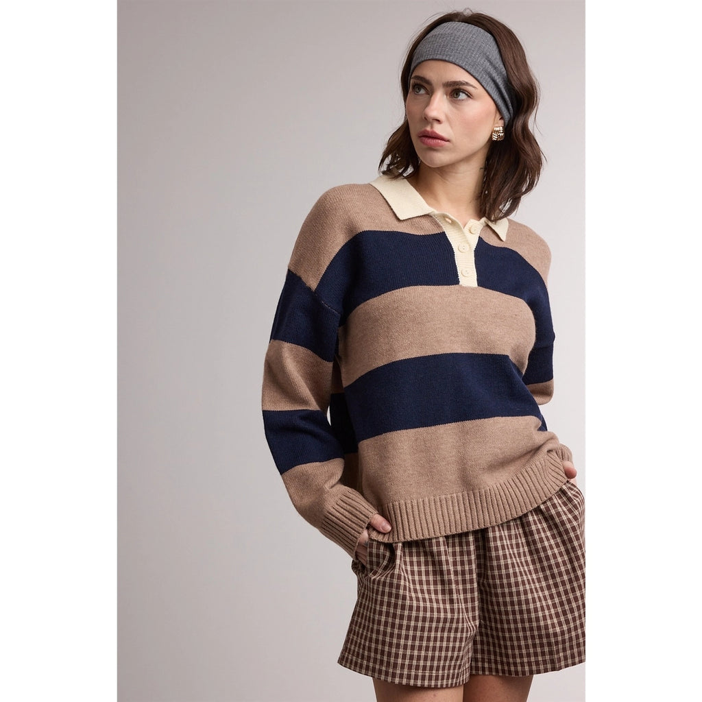 Colorblock Striped Collared Sweater