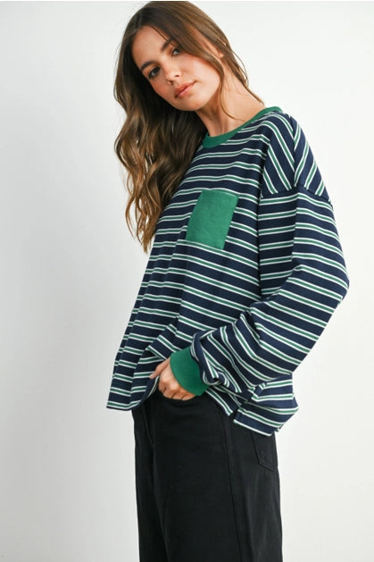 Navy Green Striped Crew Neck