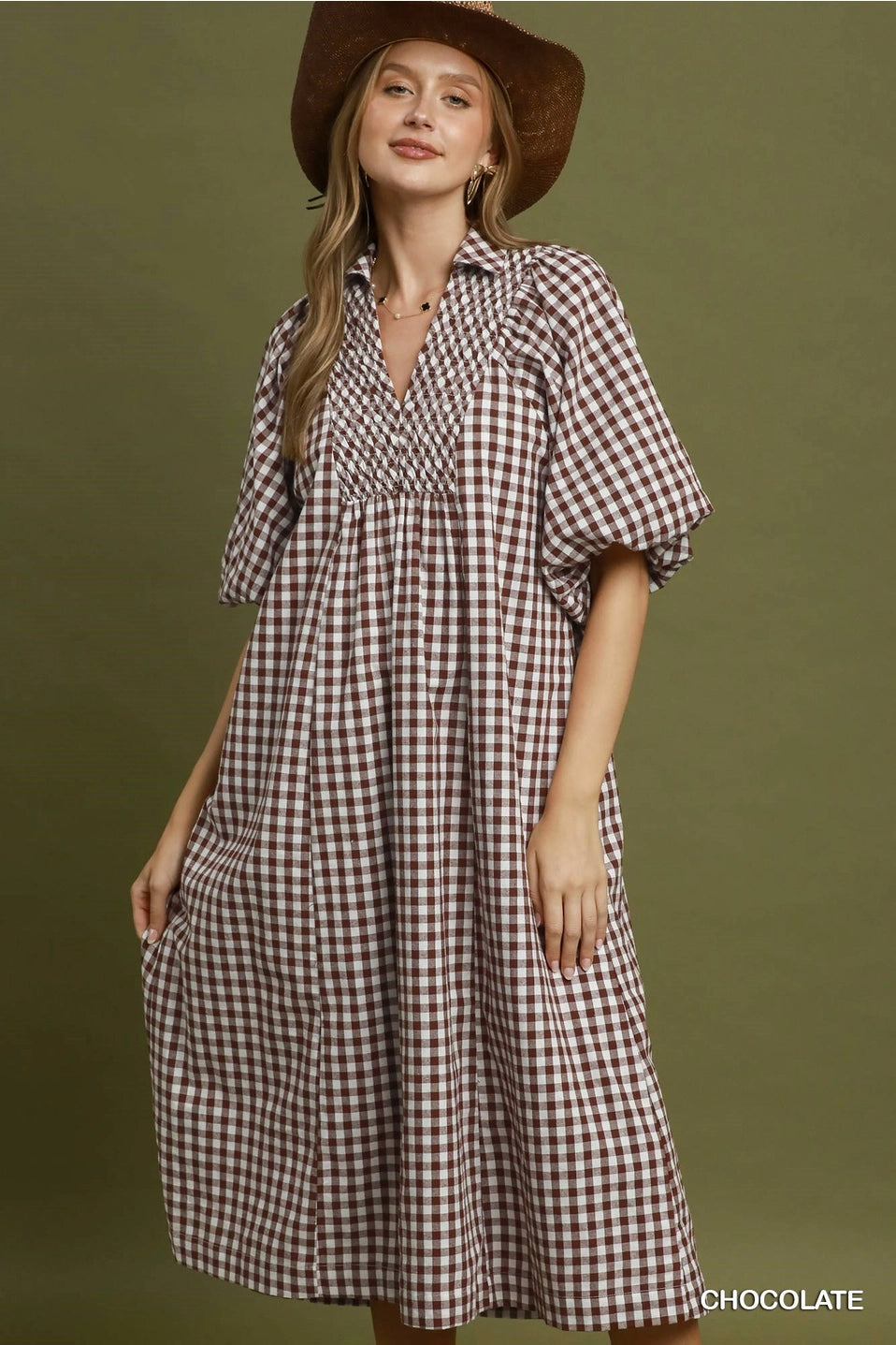 Puff Sleeve Plaid Midi Dress