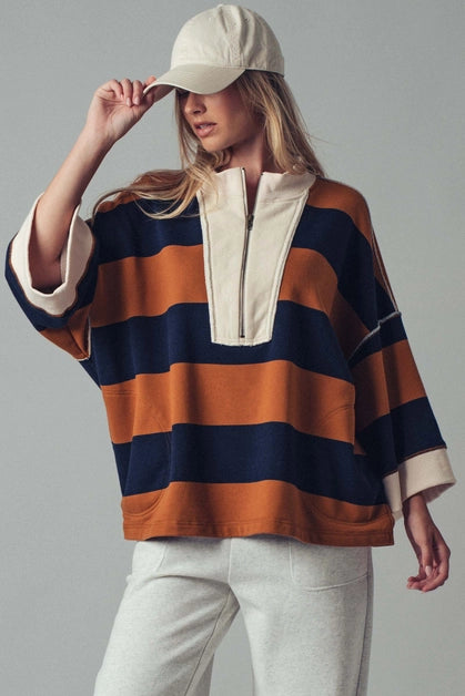 Oversized Striped Half Zip Sweatshirt