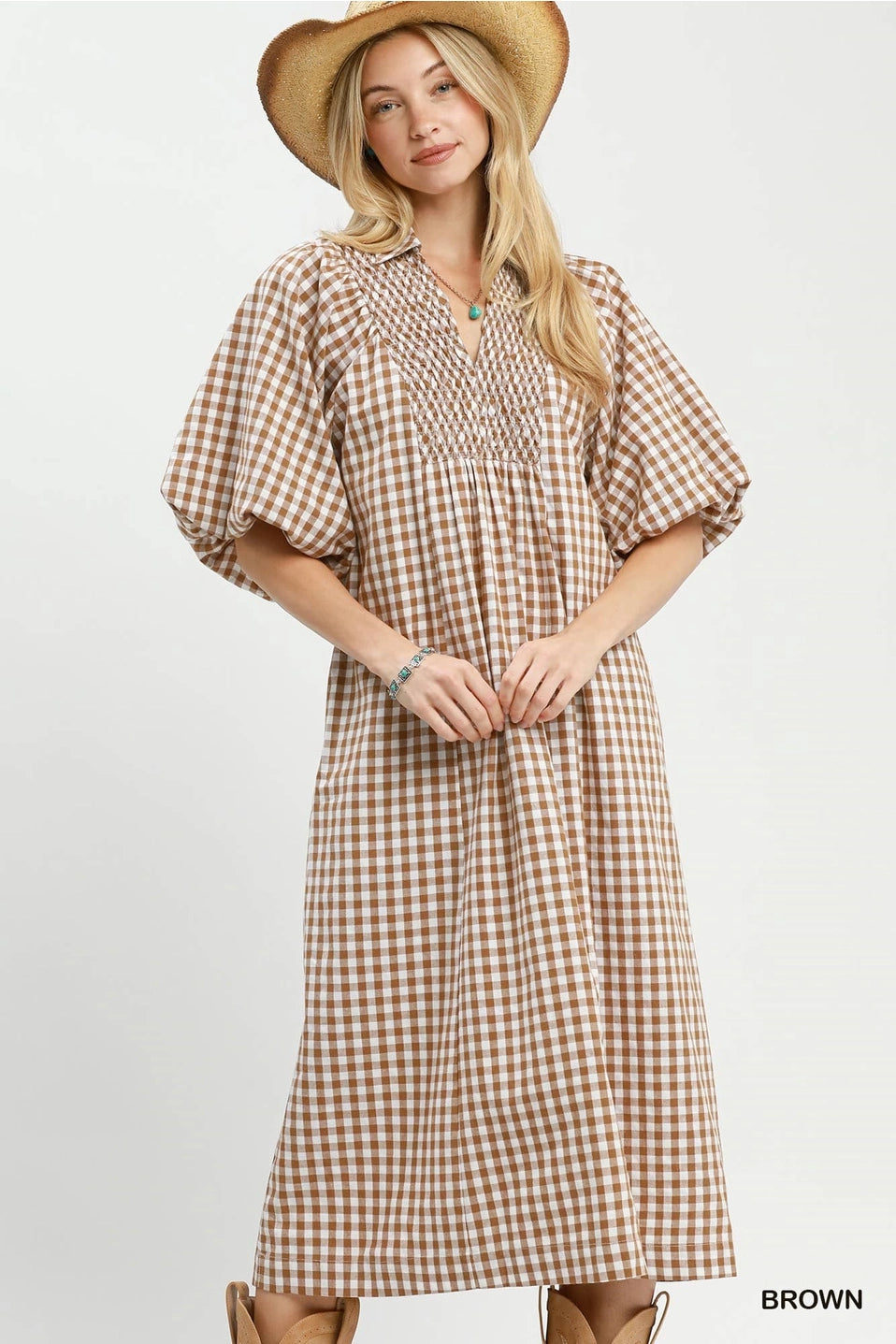 Puff Sleeve Plaid Midi Dress