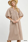 Puff Sleeve Plaid Midi Dress