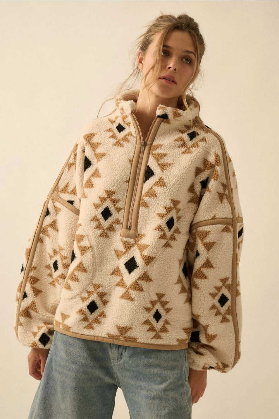 Geometric Print Sherpa Half Zip Pullover