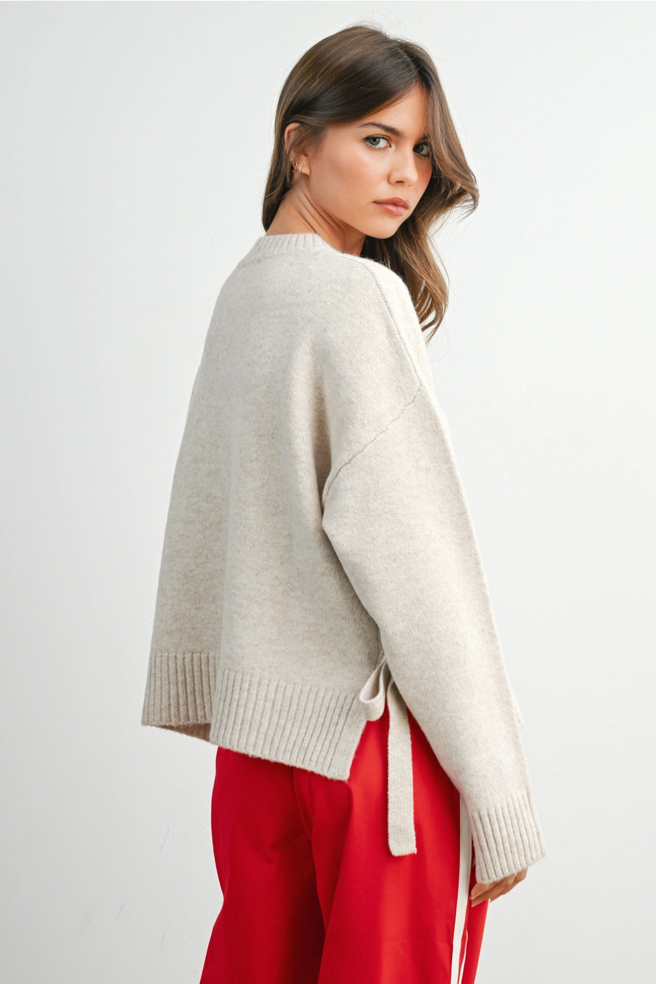 Tie Split-Hem Crewneck Sweater