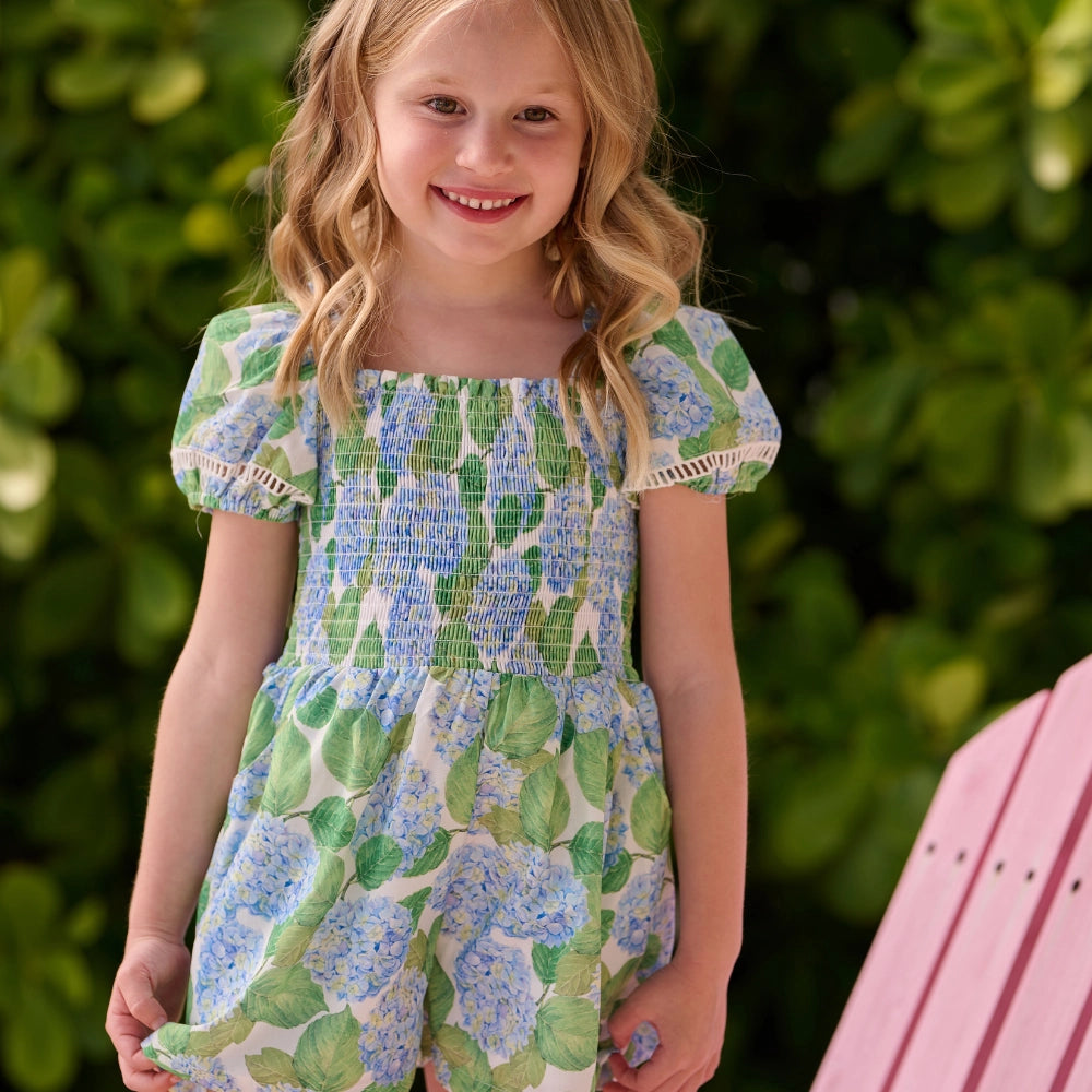 Girls Spring Smocked Romper - Blue Hydrangeas